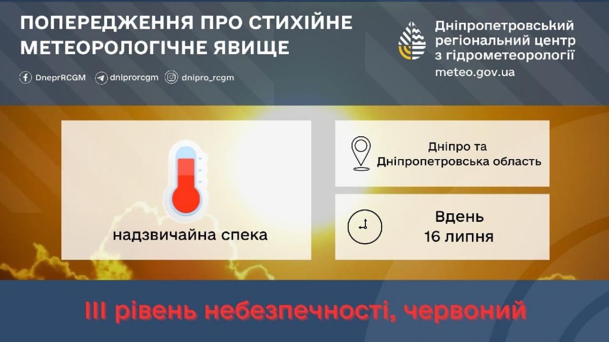 Вдень 16 липня на Дніпропетровщині очікується надзвичайна спека / фото Дніпропетровський регіональний центр з гідрометеорології